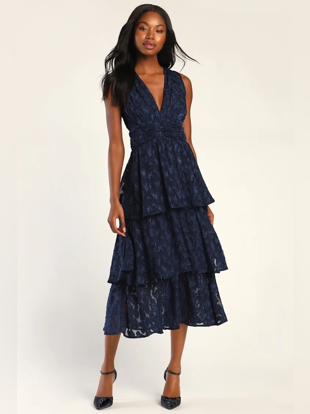Make It Mesmerizing Navy Blue Jacquard Tiered Midi Dress